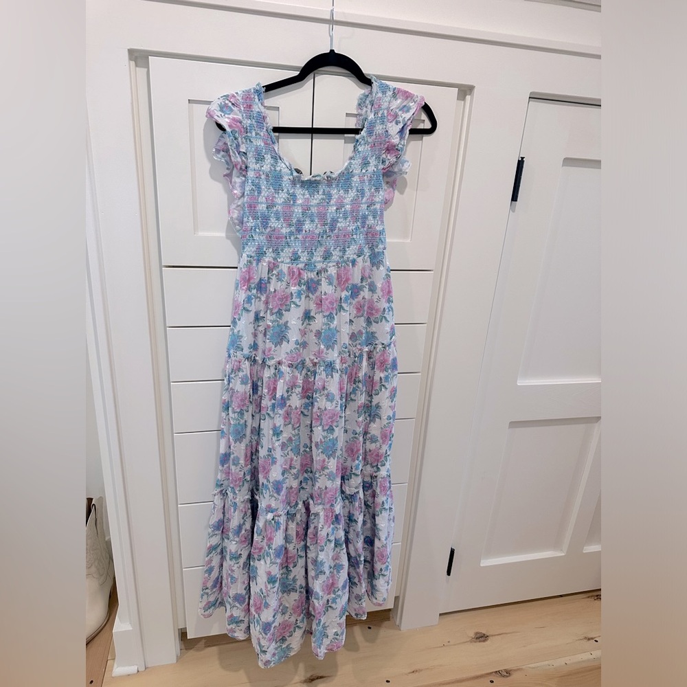 LoveShackFancy chessie smocked Maxi dress with ruffle sleeves